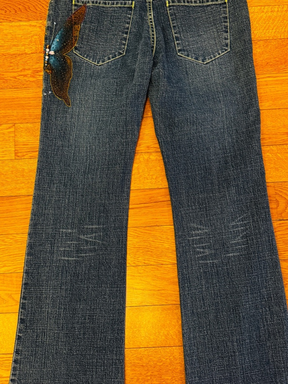 Embellished-Chic-One of a Kind Dark Blue Wide Leg Jeans with Artistic 3D Detail - Picture 8 of 10